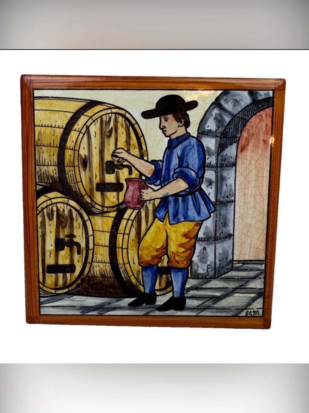 Vintage Spanish Hand Painted Ceramic Decorative Tile 6”Tavern Scene Man Signed